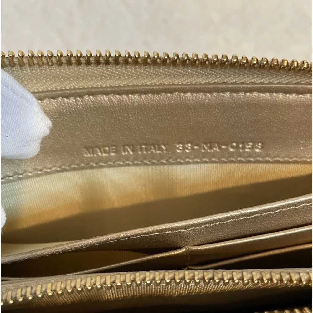 EUC Lady Dior Voyageur Cannage Gold Leather Zip Around Wallet with Logo charm
